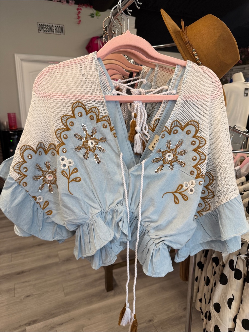 POL Light Blue Embroidered Tie-Front Crop Top - Picture 7 of 7